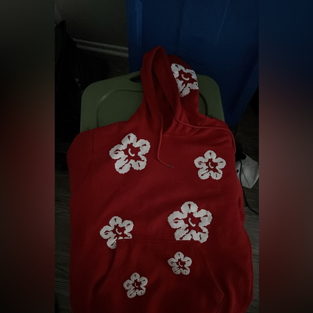 red and white denim tear hoodie